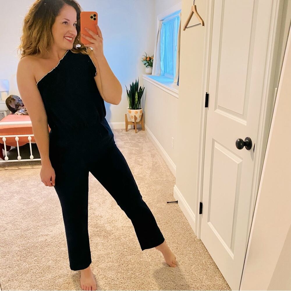 ML Monique Lhuillier Navy Blue White One Shoulder Jumpsuit 4